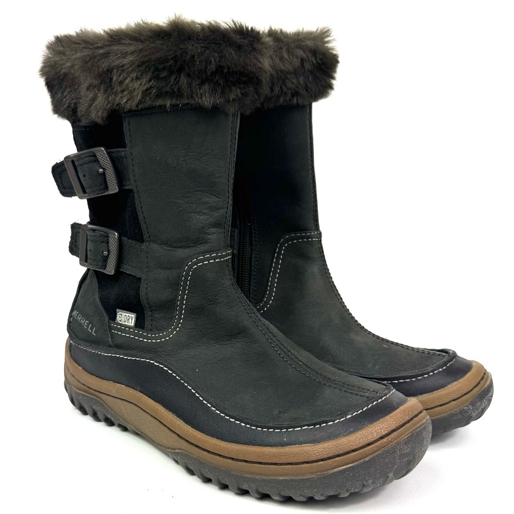 Merrell Decora Chant Waterproof Leather Winter Boots - black w fur - Sz 6 - Picture 12 of 17